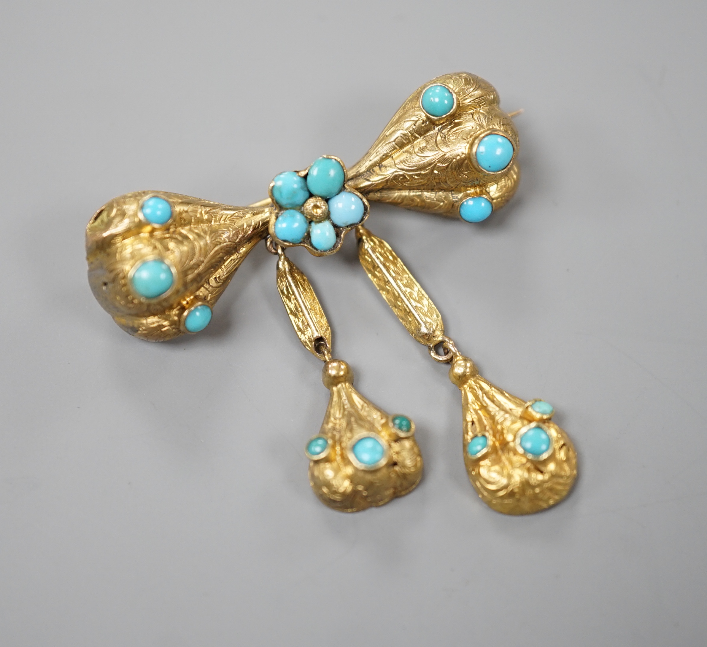 A Victorian yellow metal and turquoise cluster set double drop mourning brooch, drop 4cm, gross weight 7.5 grams.